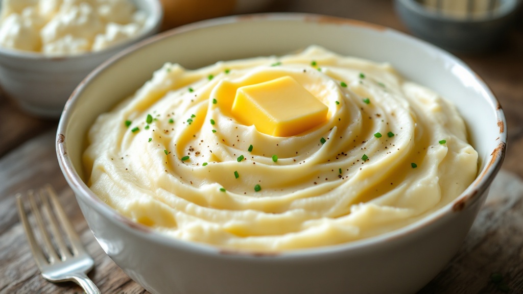 Creamy Cottage Cheese Mashed Potatoes 2 "a rustic bowl of creamy yukon gold mashed potatoes with butter and chives on a wooden table, accompanied by a vintage hand mixer and bowl of cottage cheese"