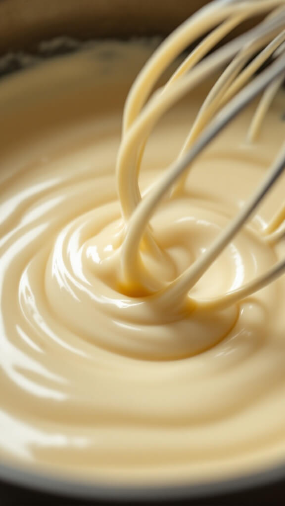 Milk being whisked into roux to create a smooth, lump-free, creamy sauce