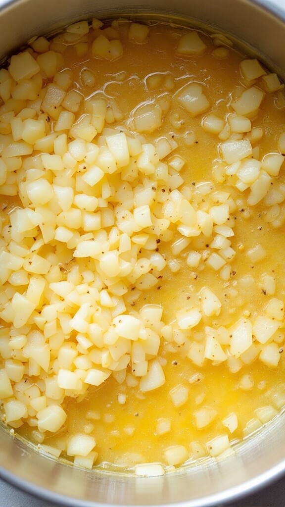 Overhead view of diced onions and garlic cooking in melted butter in a saucepan