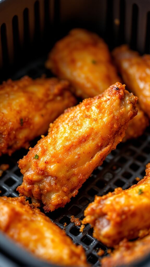 Crispy Keto Buffalo Wings (3 Ways) 6 Golden-brown crispy chicken wings in an air fryer basket with shiny, crisped skin