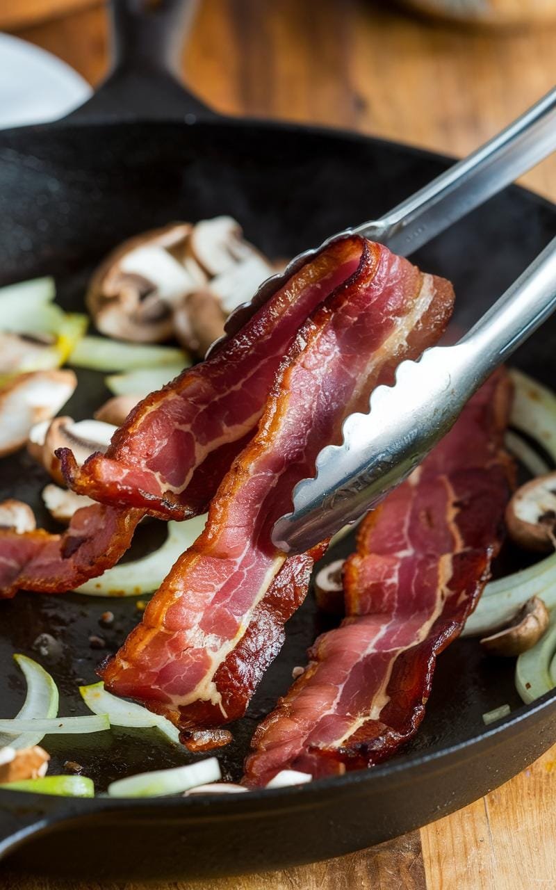 Bison Burger Bowl: A Quick, Healthy, And Delicious Low-Carb Meal 5 Crispy bacon held by tongs over a skillet.
