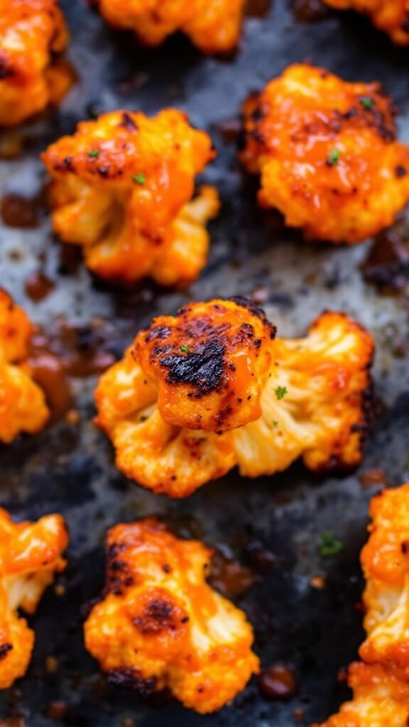 Crispy Cauliflower Buffalo Bites (Vegetarian, Easy Crowd-Pleaser) 8 Buffalo cauliflower bites fresh from second bake with caramelized edges, crispy exterior, sticky sauce and visible charred spots