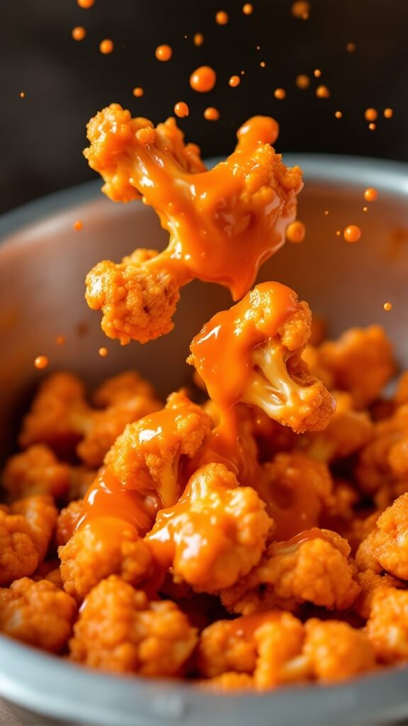 Crispy Cauliflower Wings (Vegan &Amp; Air Fryer/Oven Options) 9 Crispy cauliflower wings being tossed in buffalo sauce in a steel bowl, some sauce captured mid-air over the golden-brown wings