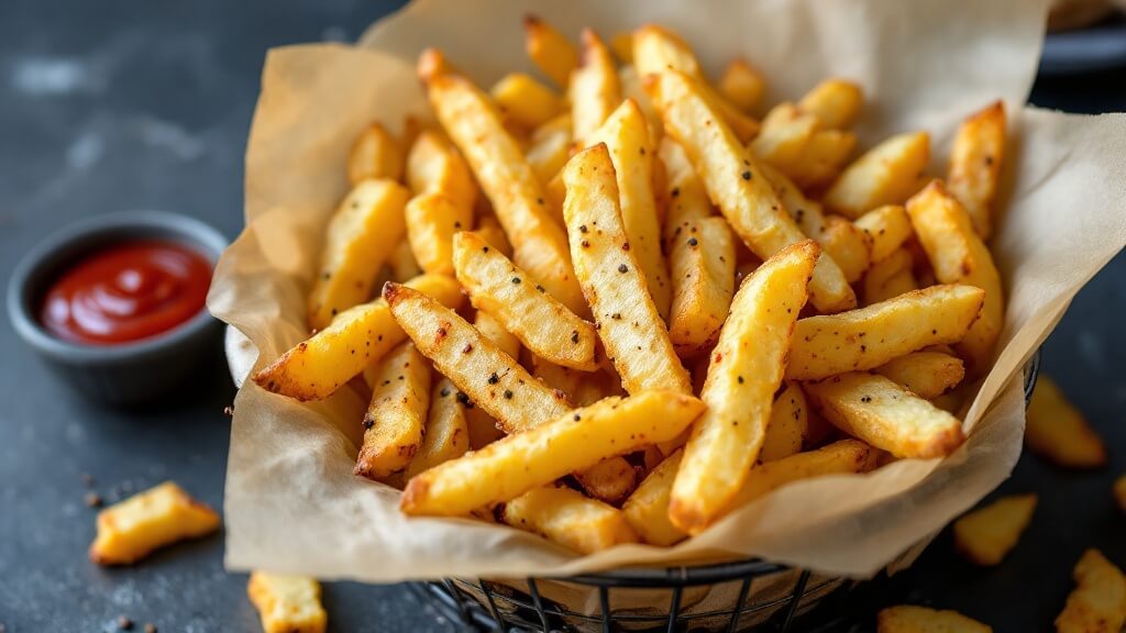 Crispy Jicama Fries (Low-Carb, Keto-Friendly) 2 "crispy jicama fries with paprika and pepper in rustic wire basket, served with ketchup on a dark stone surface"