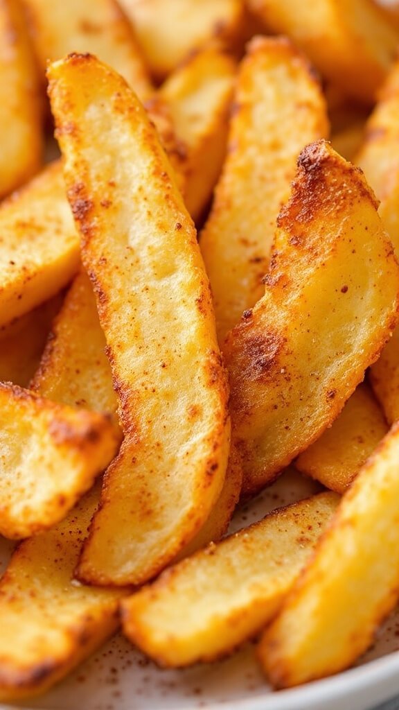 Crispy Jicama Fries (Low-Carb, Keto-Friendly) 9 Close-up view of golden-brown jicama fries fresh from the oven with crispy edges, visible spice particles, and some fries propped against each other