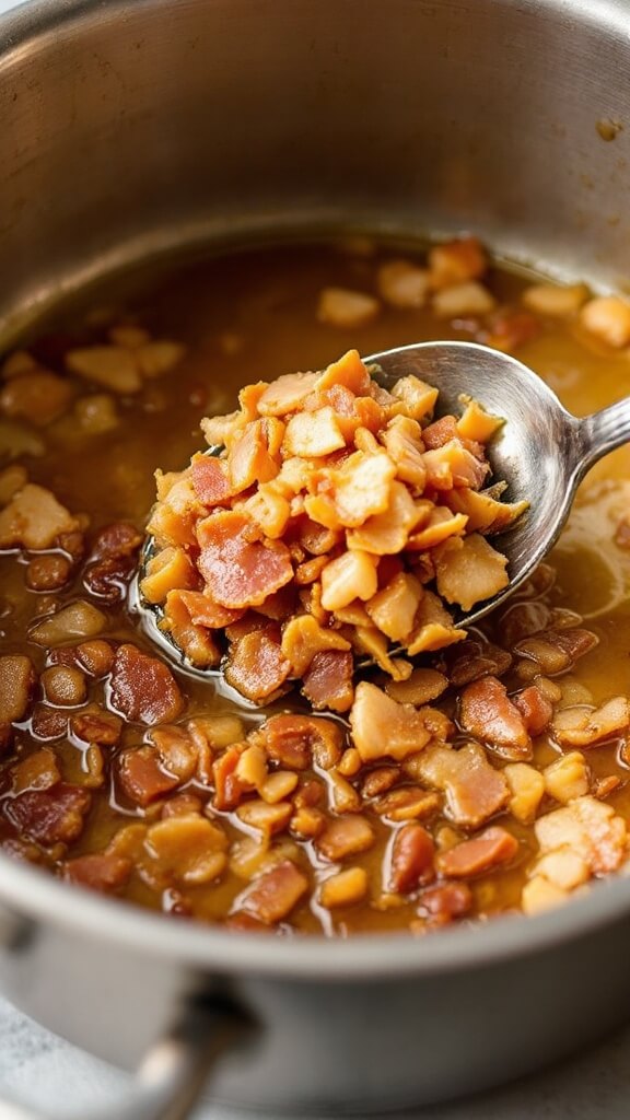 Stainless steel dutch oven with crispy golden-brown pancetta being removed using a slotted spoon