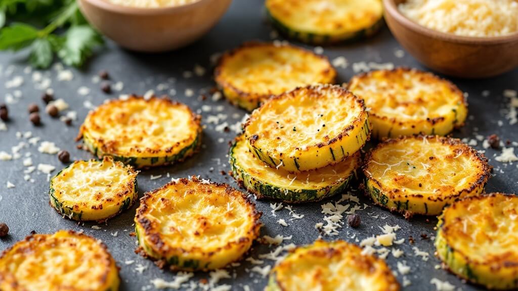 "crispy parmesan-crusted zucchini rounds arranged on a dark stone surface, with a bowl of grated parmesan and cracked pepper in the background"