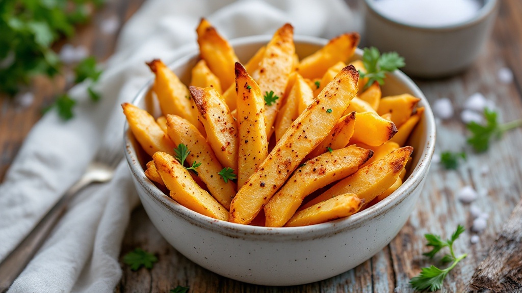Crispy Rutabaga Fries (Keto-Friendly, Low-Carb) 2 "close-up of crispy rutabaga fries in a white ceramic bowl, garnished with herbs and spices, on a wooden table with a ramekin of sea salt in the background. "