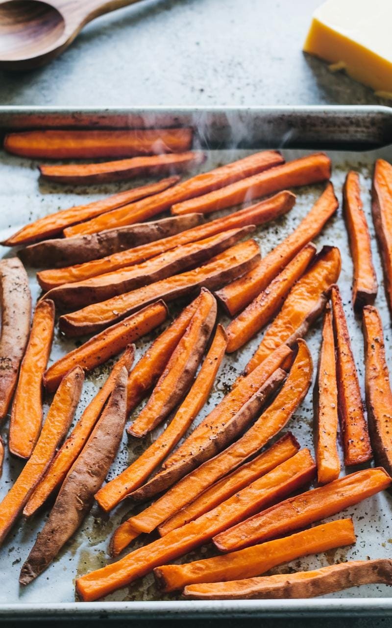 A baking sheet of crispy, golden-brown sweet potato fries, steaming slightly on a kitchen counter.