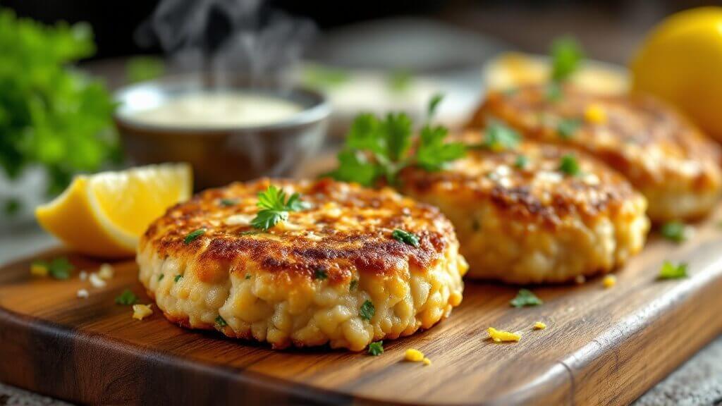 "crispy tuna patties on rustic wooden board with lemon wedge, tartar sauce, garnished with fresh parsley under natural window lighting. "