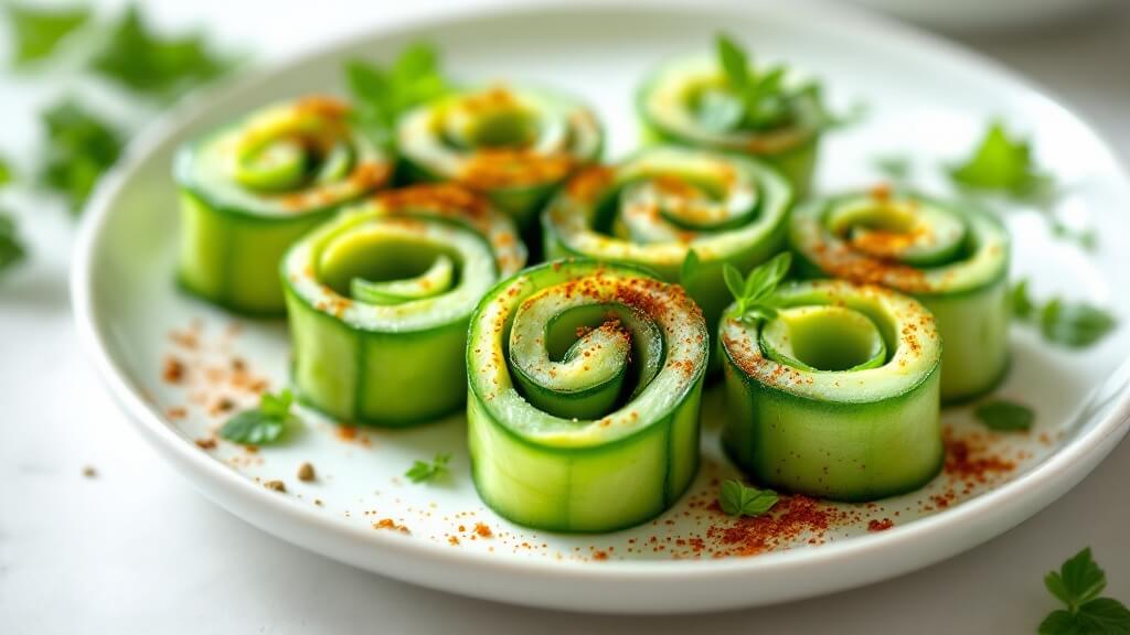 "elegant cucumber and avocado rolls garnished with smoked paprika and hemp seeds on a white ceramic plate"