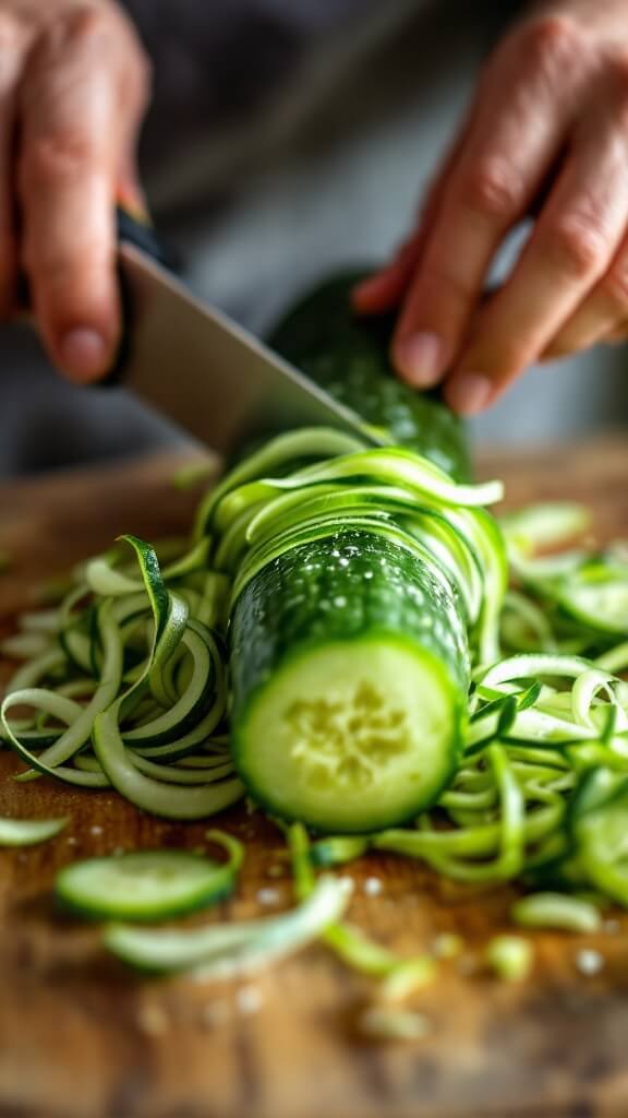 Hands peeling a green english cucumber on a wooden board in natural light