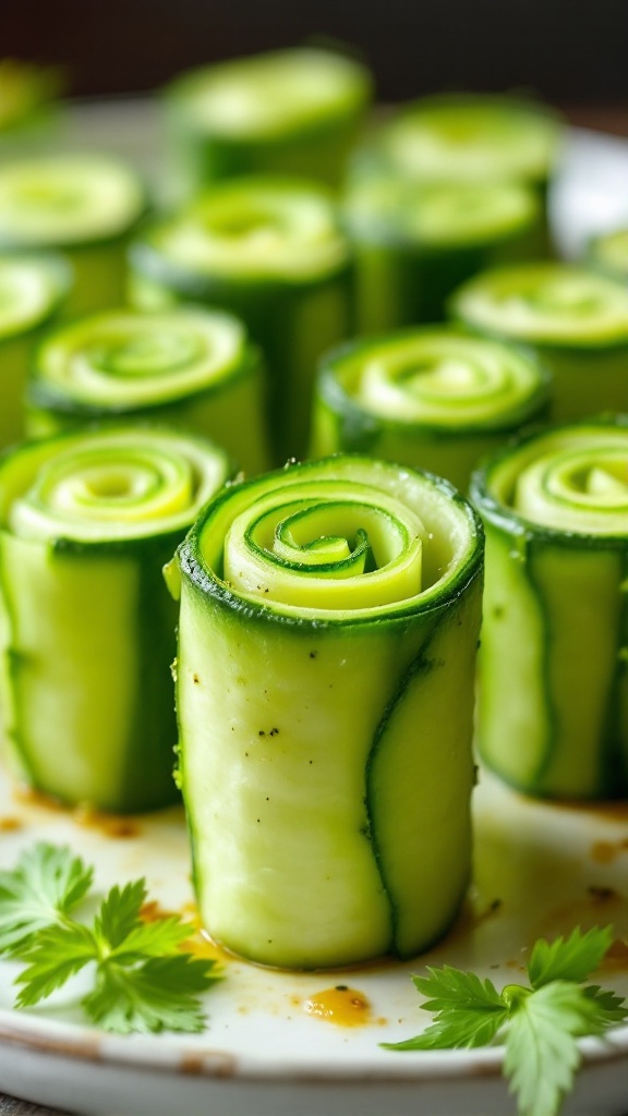 Close-up view of cucumber rolls on a serving platter with fresh herbs