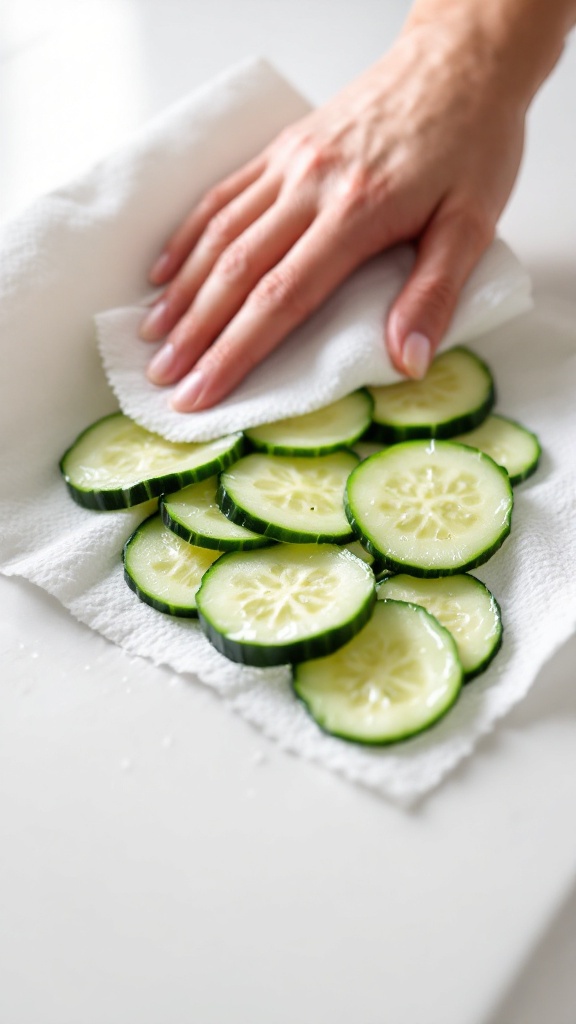 Cucumber strips on a white counter being dried with white paper towels