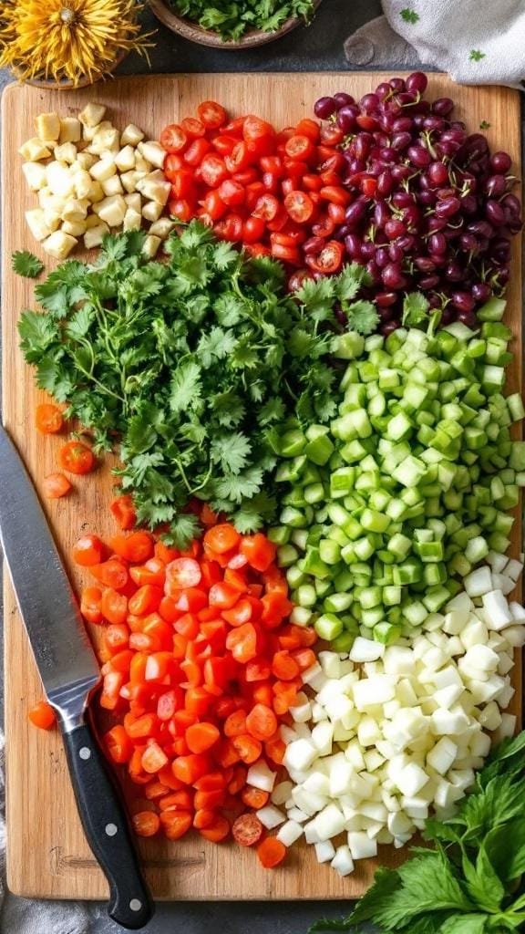 Healthy Zuppa Toscana: A Creamy, Comforting Italian Soup (Paleo &Amp; Whole30 Friendly) 7 Overhead view of a cutting board with neatly arranged chopped vegetables and herbs prepared for zuppa toscana.