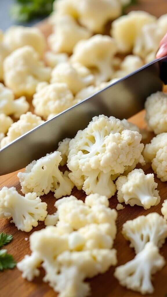 Crispy Cauliflower Buffalo Bites (Vegetarian, Easy Crowd-Pleaser) 3 Cauliflower head being cut into uniform florets on a wooden board with a chef's knife resting nearby under natural kitchen lighting