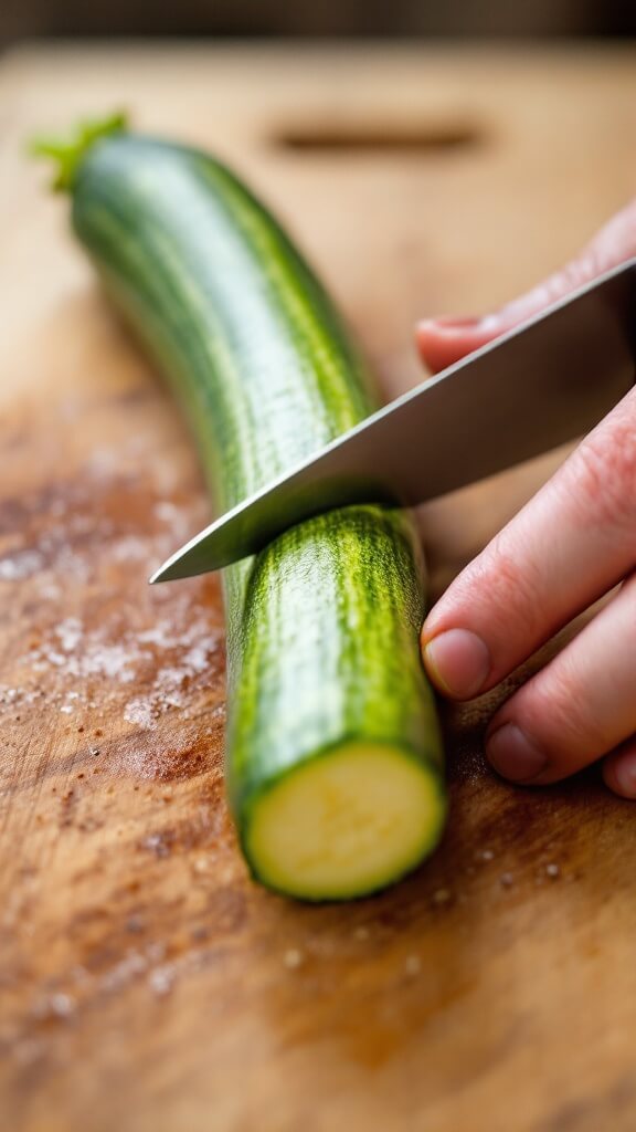 Stuffed Zucchini Boats - A Versatile Low-Carb Dinner 4 Hands expertly slicing a zucchini lengthwise on a wooden board with its stem end to the left