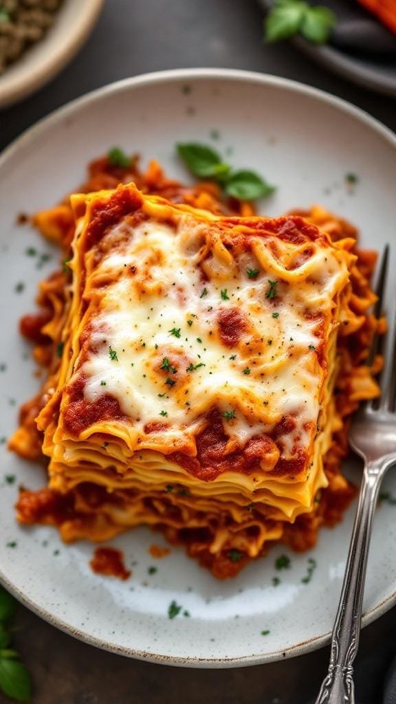 Gluten-Free, Dairy-Free Lasagna: A Comforting Classic Reimagined 5 Overhead view of a neatly sliced piece of dairy-free lasagna on a plate, showing clear layers and melted cheese substitute.