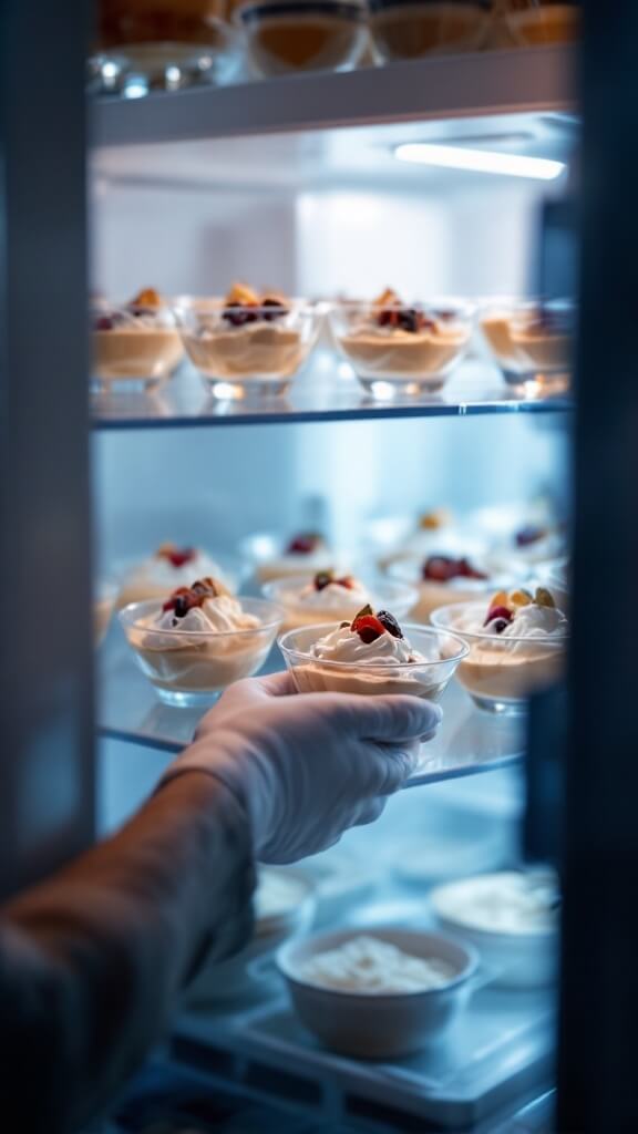 Dessert bowls filled with sweets neatly arranged for chilling in a refrigerator under cool lighting
