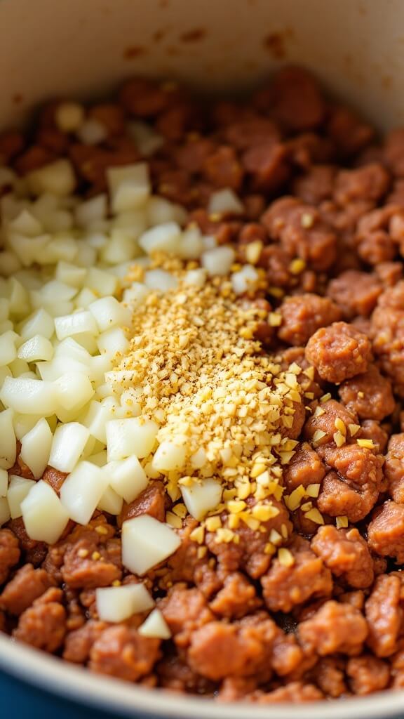 Bison Chili Recipe 3 Adding diced onions and minced garlic to browned bison meat in a dutch oven