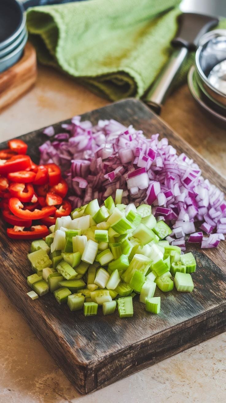 Rustic wooden cutting board with diced celery, red onion, and red pepper prepared for mixing.