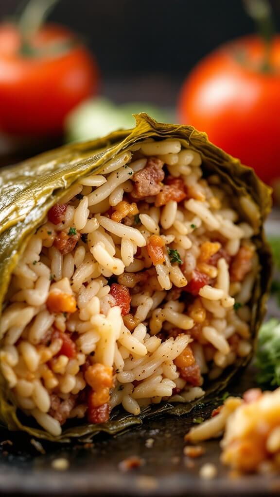 Stuffed Grape Leaves (Dolmas) Recipe 8 Close-up image of a halved dolma, showcasing cooked rice, meat filling, herbs, seasonings, and layers of grape leaf wrap