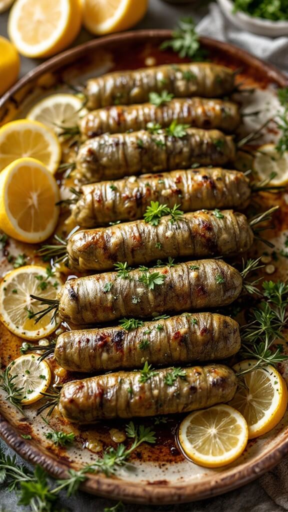 Stuffed Grape Leaves (Dolmas) Recipe 9 Finished dolmas on a rustic platter garnished with lemon wedges and herbs, drizzled with olive oil