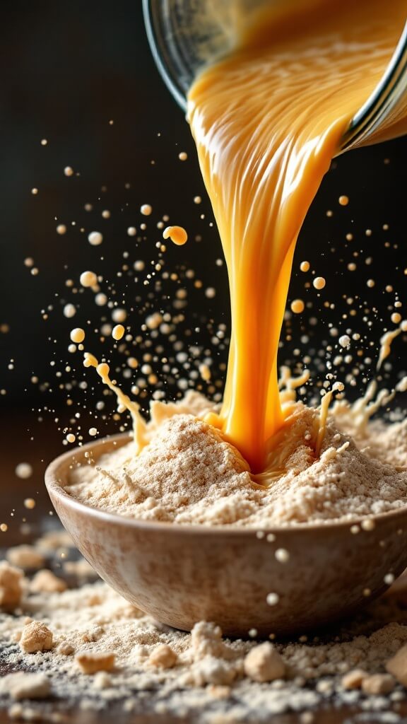 Wet ingredients pouring into a bowl of dry ingredients, causing a splash and showcasing a mix of colors and textures