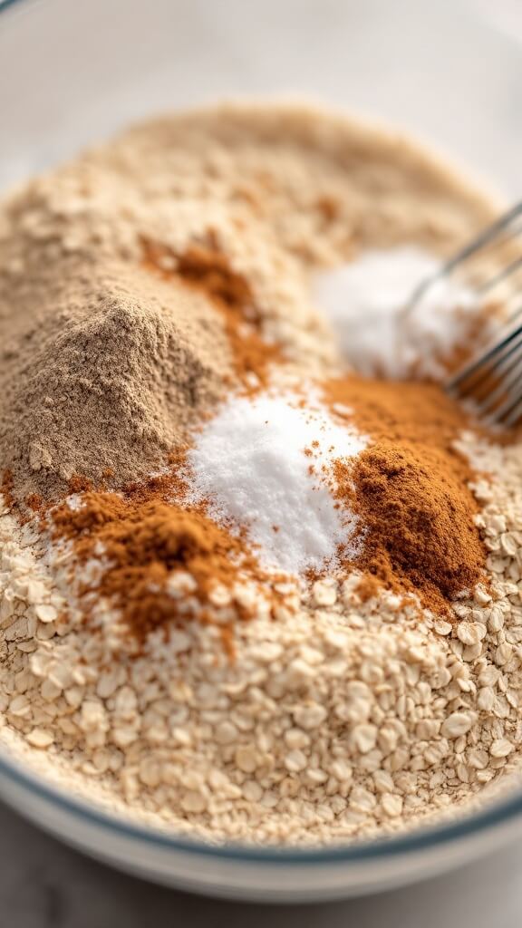 Close-up of dry baking ingredients in a glass bowl with a whisk