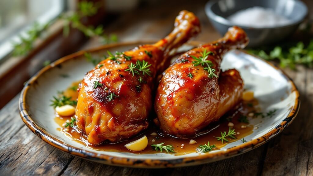 "golden-brown duck confit legs on a rustic plate with thyme garnish, garlic cloves, and a bowl of sea salt in soft window light"