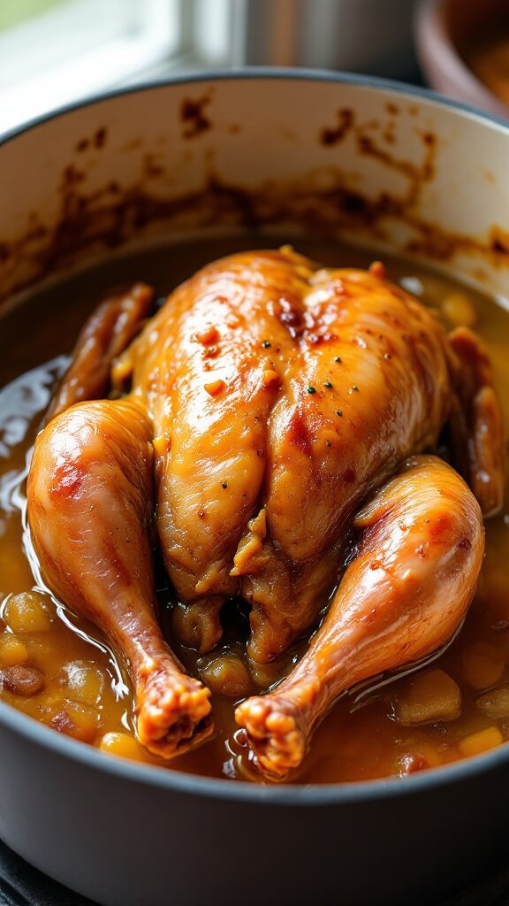 Cooked duck confit in cooking vessel, tender and golden, easily separating with a fork under natural window light