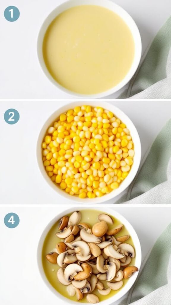 Chinese Egg Drop Soup (蛋花汤) 9 Three variations of egg drop soup in white bowls: classic, with corn kernels, and with sliced mushrooms.