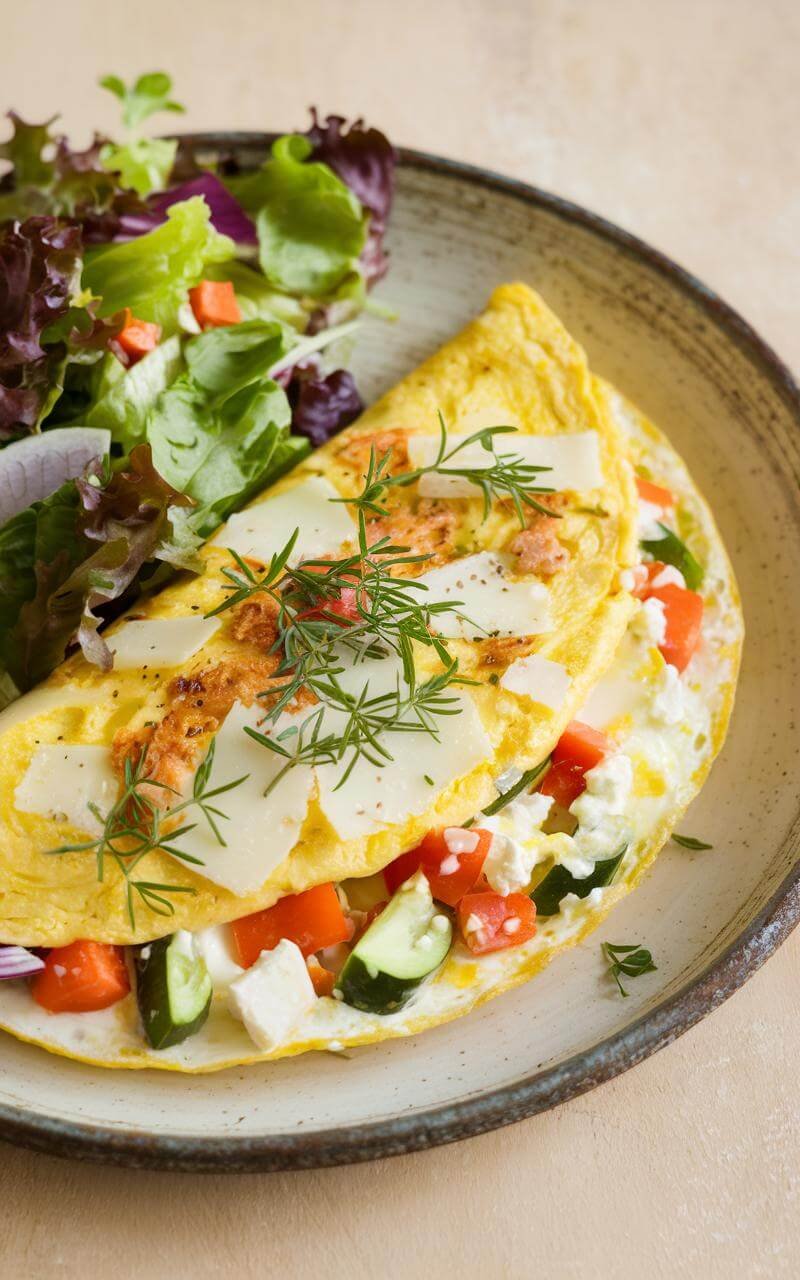 Egg white omelette served with a rustic salad on a white plate.