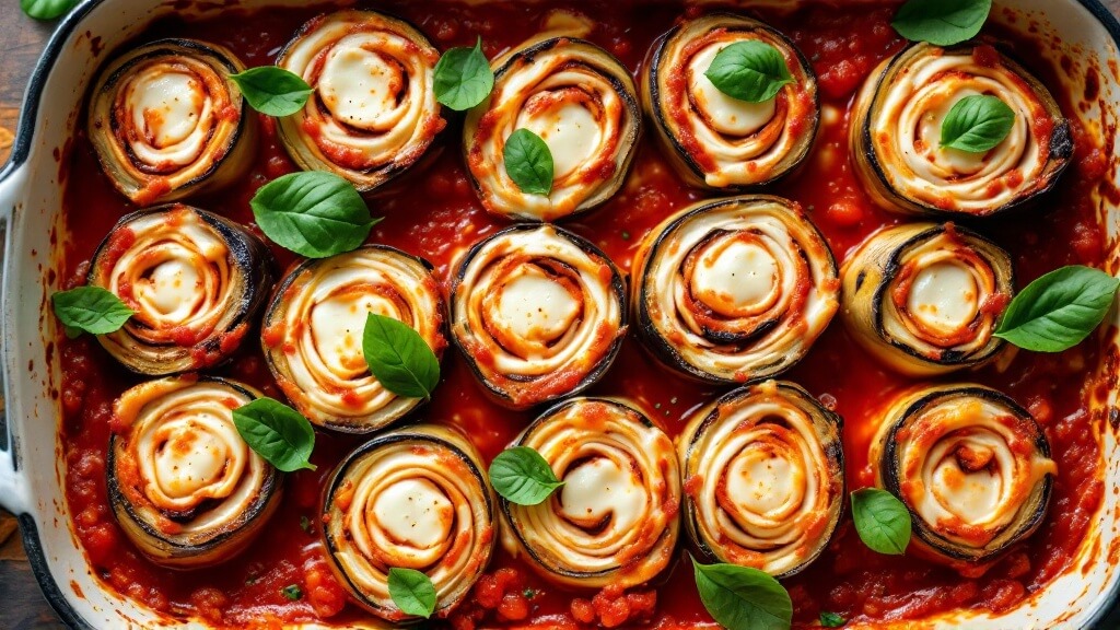 "golden-brown baked eggplant involtini filled with ricotta, in tomato sauce with bubbling mozzarella cheese, garnished with basil in a rustic dish"