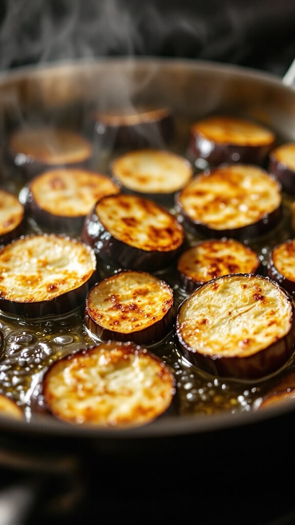 Classic Eggplant Parmigiana (Parmigiana Di Melanzane) 5 Frying golden-brown eggplant slices in a stainless steel skillet with shimmering olive oil, some slices perfectly browned while others are mid-fry, steam rising