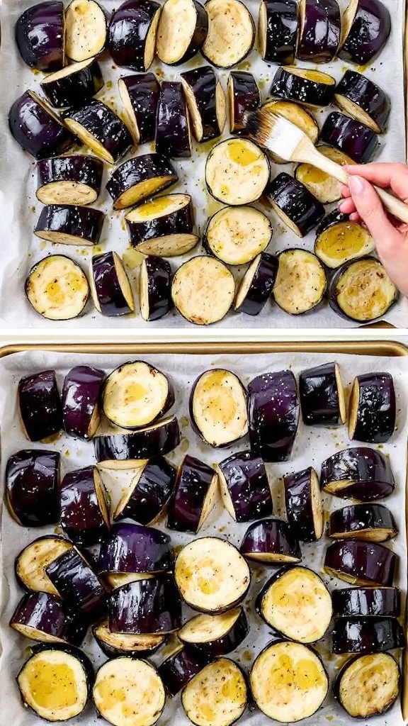 Raw eggplant slices on parchment-lined baking sheets being brushed with olive oil and sprinkled with salt and pepper