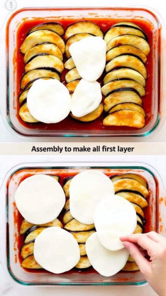 Classic Eggplant Parmigiana (Parmigiana Di Melanzane) 4 Breaded eggplant preparation with bowls of white flour and beaten golden eggs in a clean kitchen workspace