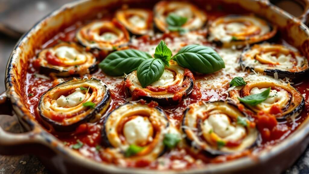 "golden-brown eggplant rollatini in a rustic ceramic dish, stuffed with ricotta-mozzarella, in red marinara sauce, garnished with fresh basil and parmesan shavings"