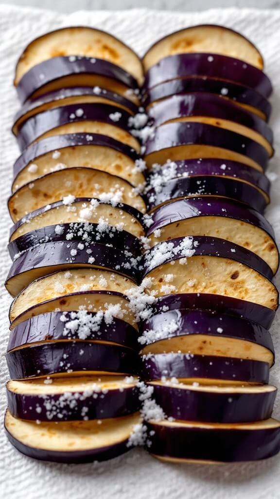 Salted thin eggplant slices on white paper towels with visible moisture beads