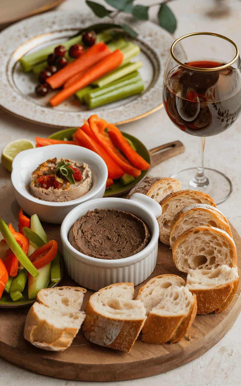 Elegant appetizer spread with small dishes of pâté, crusty bread slices, vegetable crudités, and a glass of red wine.