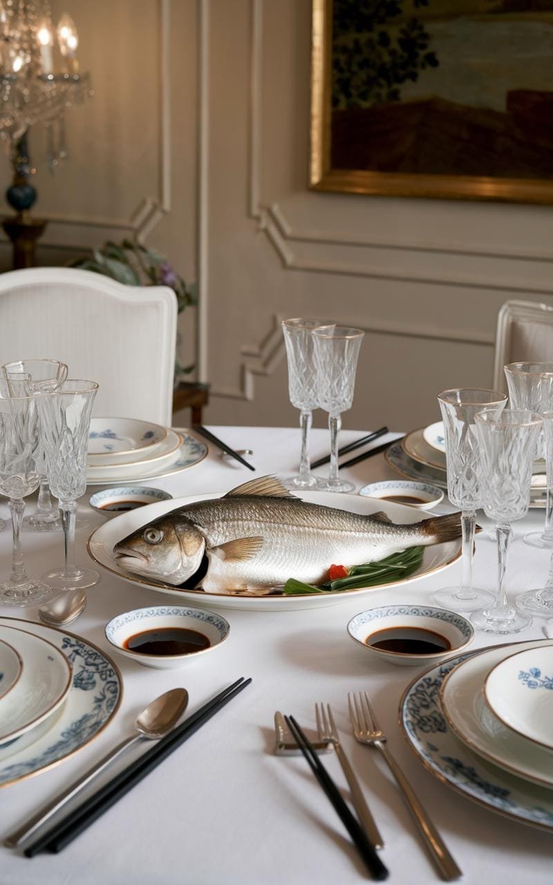 Steamed Fish With Ginger: A Delicious Chinese Classic 8 Elegant dining table set with steamed fish, elegant dishware, and decorative napkins.