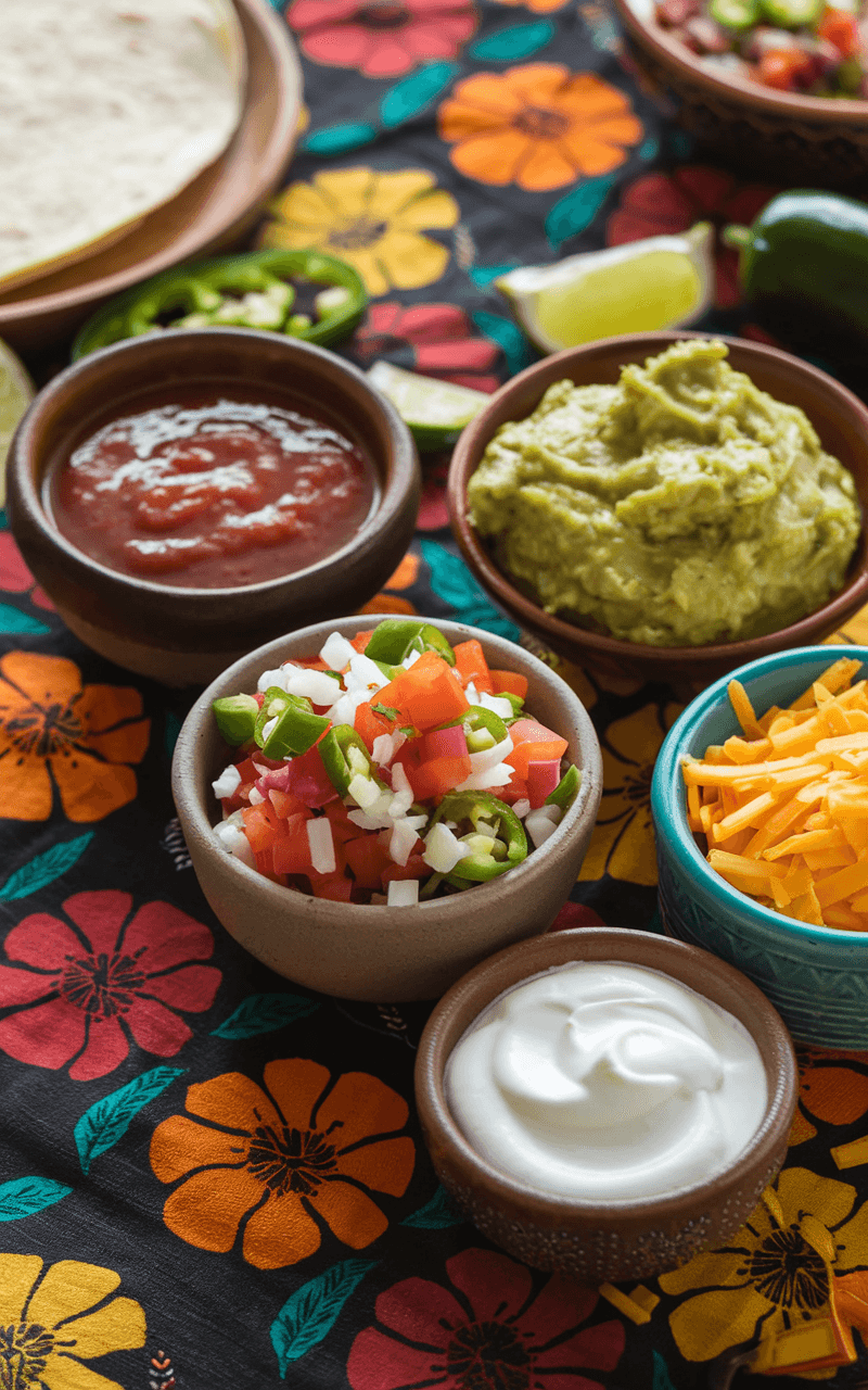 An array of fajita toppings in small bowls, featuring salsa, guacamole, sour cream, and shredded cheese, displayed on a vibrant mexican-inspired tablecloth.