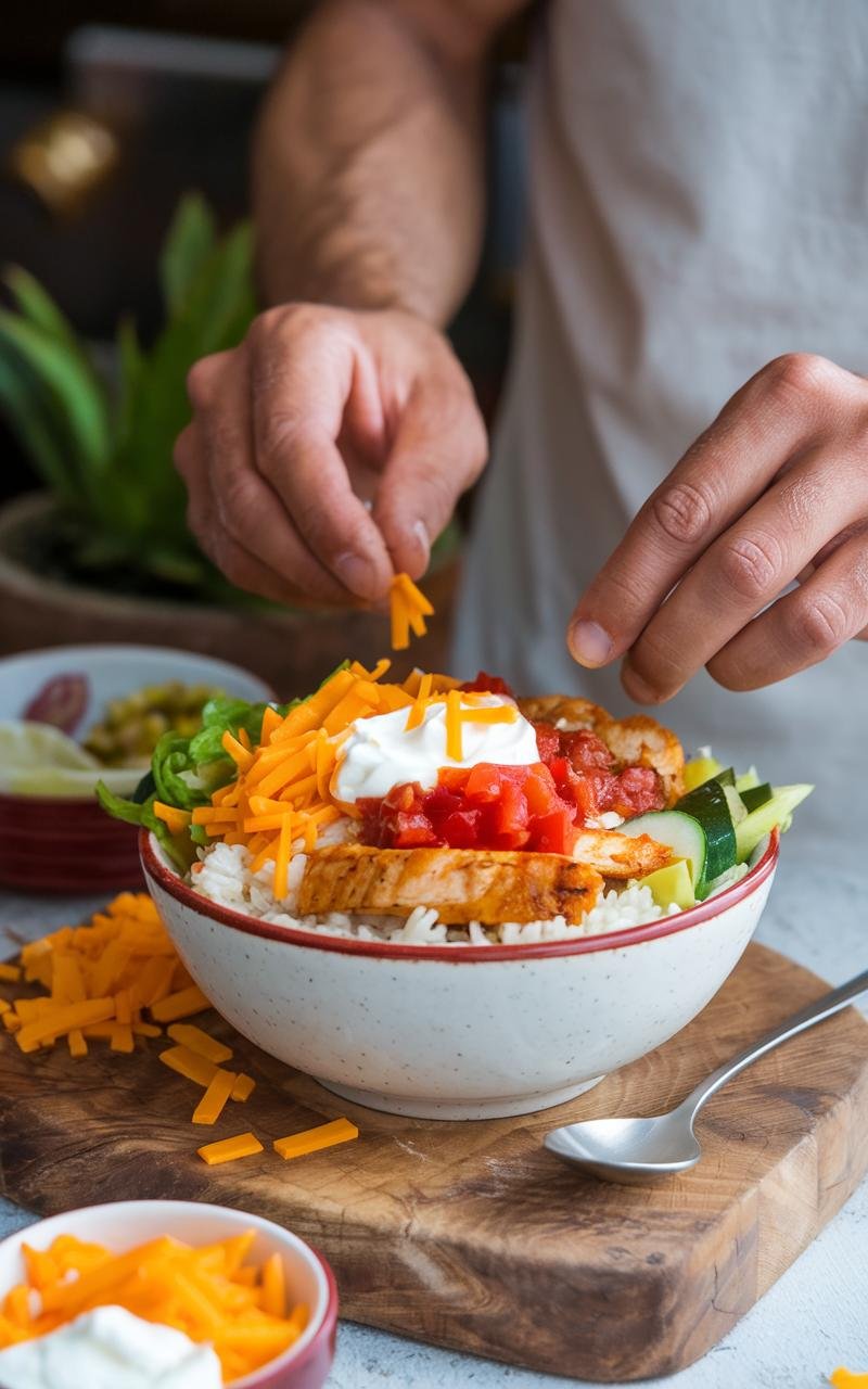 Person assembling a fajita bowl with grilled vegetables, rice, beans, and chicken in a dish.