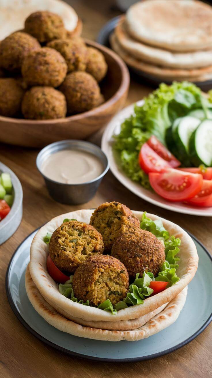 Baked Falafel: Crispy, Healthy Middle Eastern Delight 8 A rustic wooden table with a spread of falafel, pita bread, fresh vegetables, and a bowl of creamy tahini sauce.