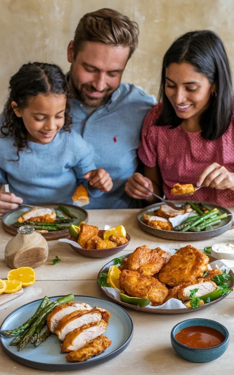 A family gathered around a dining table, smiling and enjoying a meal featuring air-fried chicken breast, surrounded by side dishes and drinks.