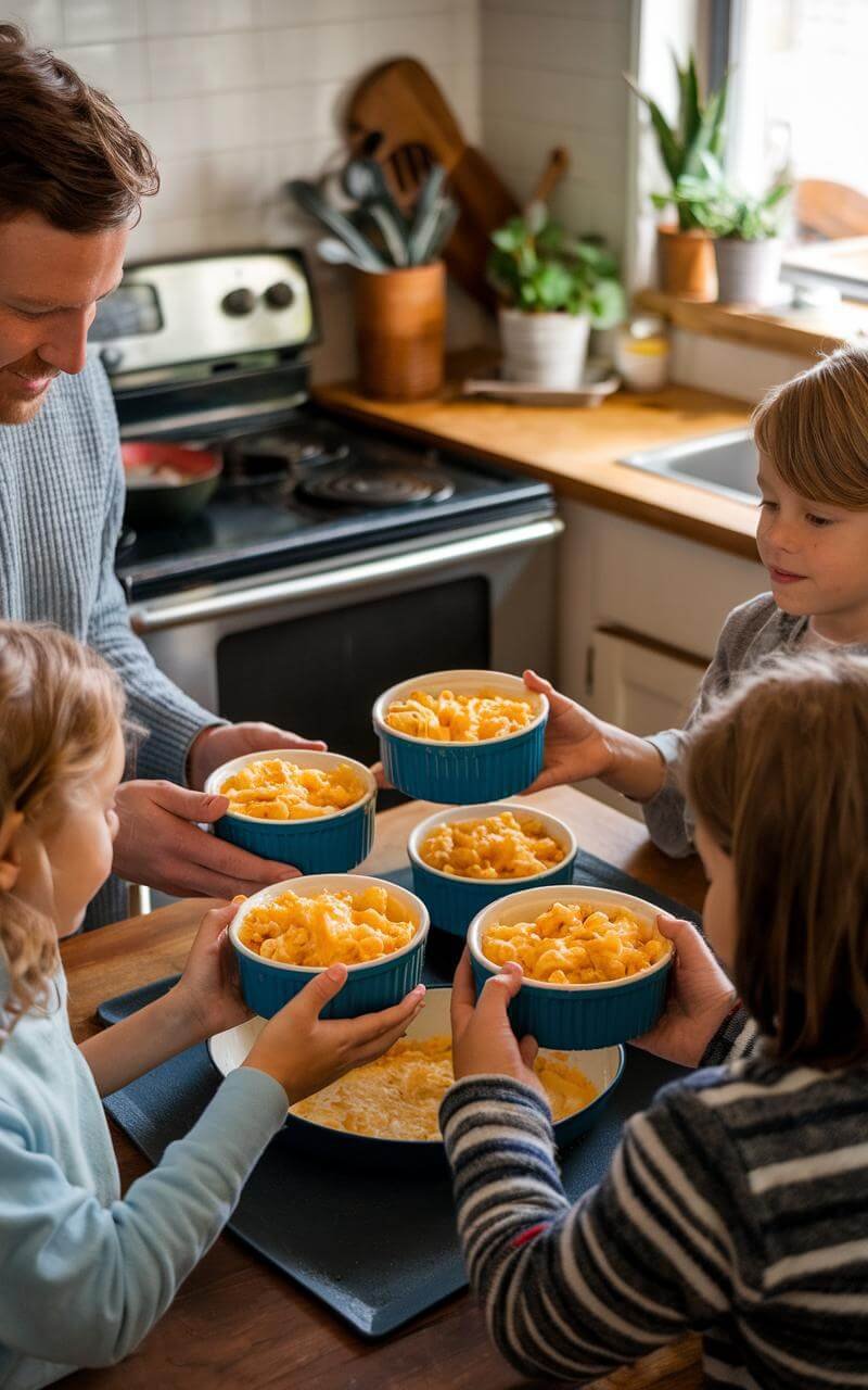 Cauliflower Mac And Cheese: A Low-Carb Comfort Food Revolution 6 Family gathered around dining table in kitchen, enjoying a meal, with cauliflower mac and cheese as the main dish