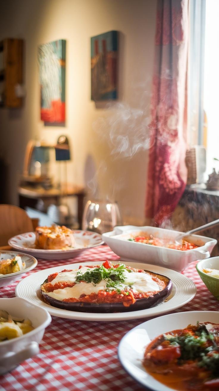 A cozy family dining room with a red-checkered tablecloth, featuring a steaming eggplant parmesan as the centerpiece among various italian dishes.