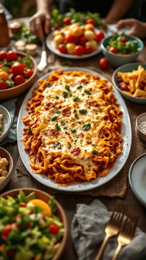 Gluten-Free, Dairy-Free Lasagna: A Comforting Classic Reimagined 8 A family dinner table featuring a golden-brown lasagna as the centerpiece, surrounded by vibrant side salads.