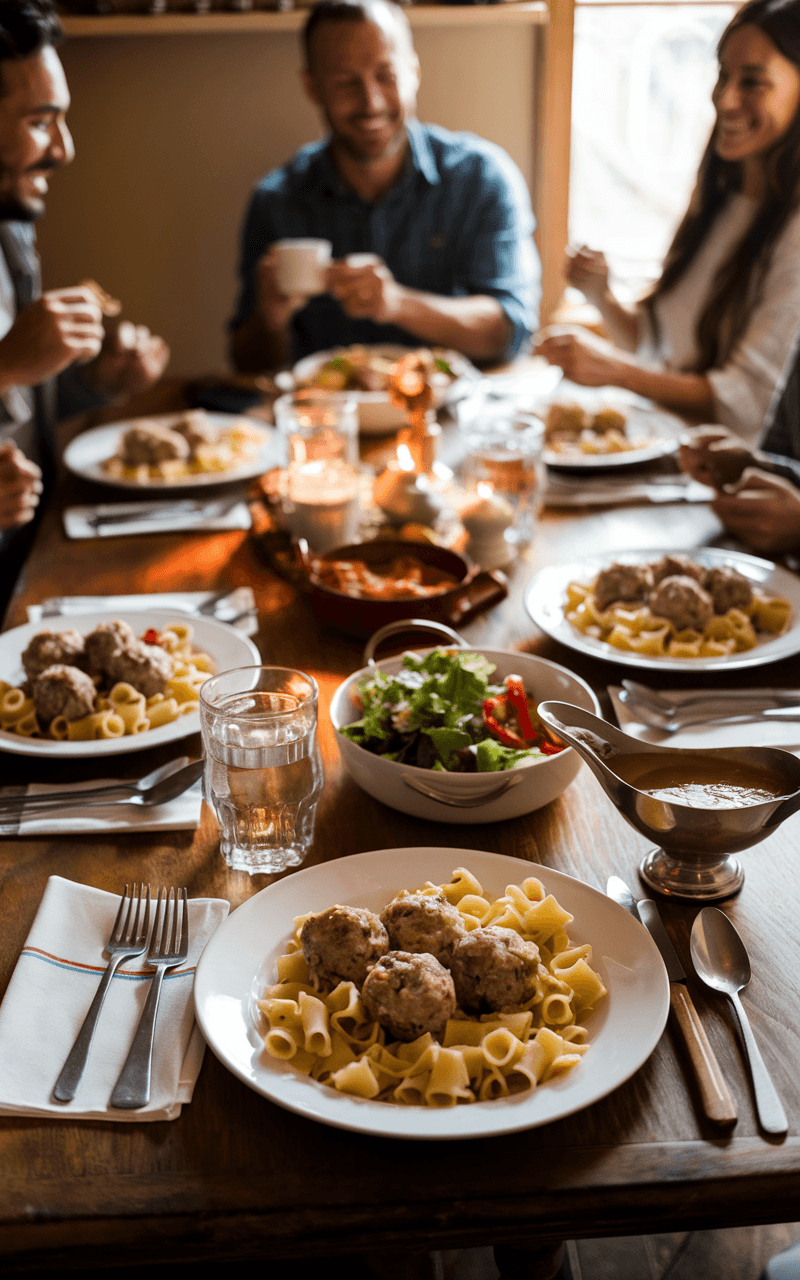 A warm family dinner table featuring steaming turkey meatballs, pasta, and a fresh side salad on neatly arranged plates.