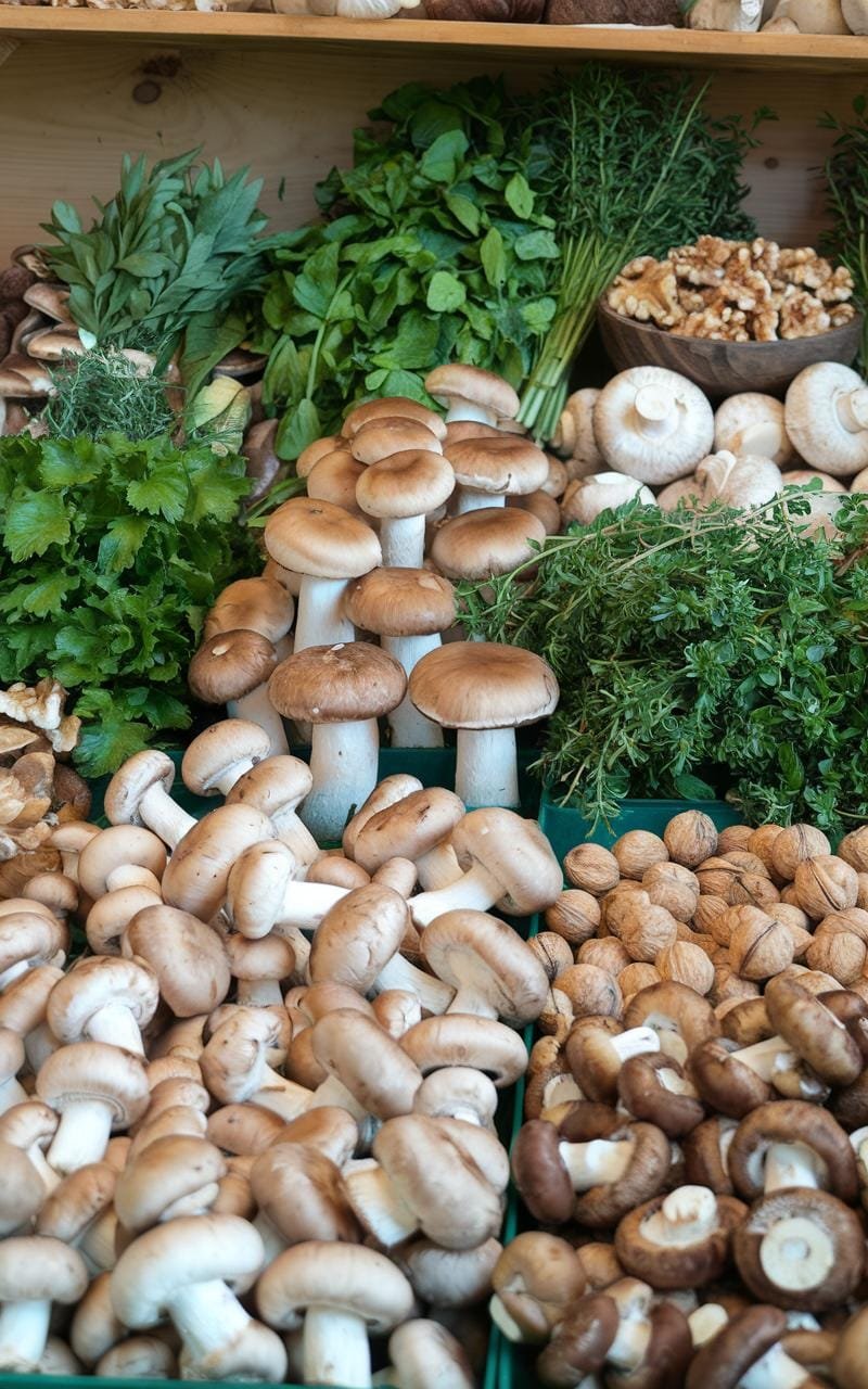 Assorted mushrooms, fresh herbs, and walnuts displayed at a farmer's market.
